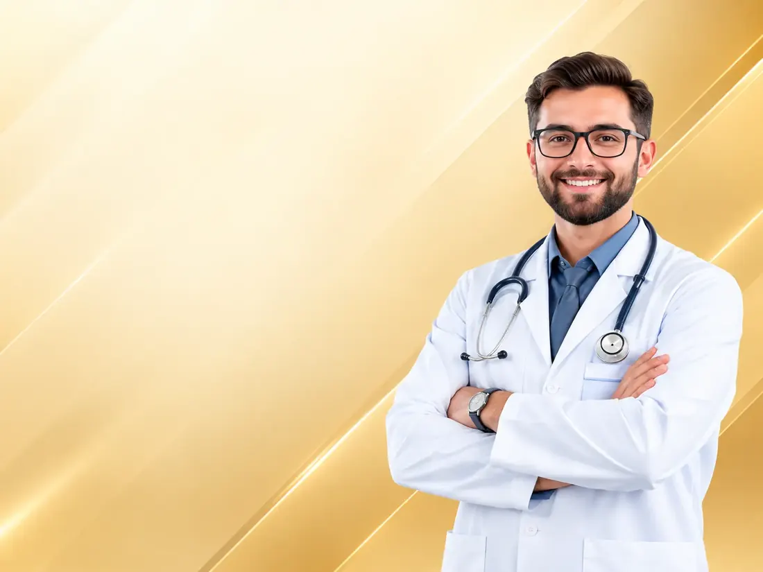 Médico sonriente con bata blanca