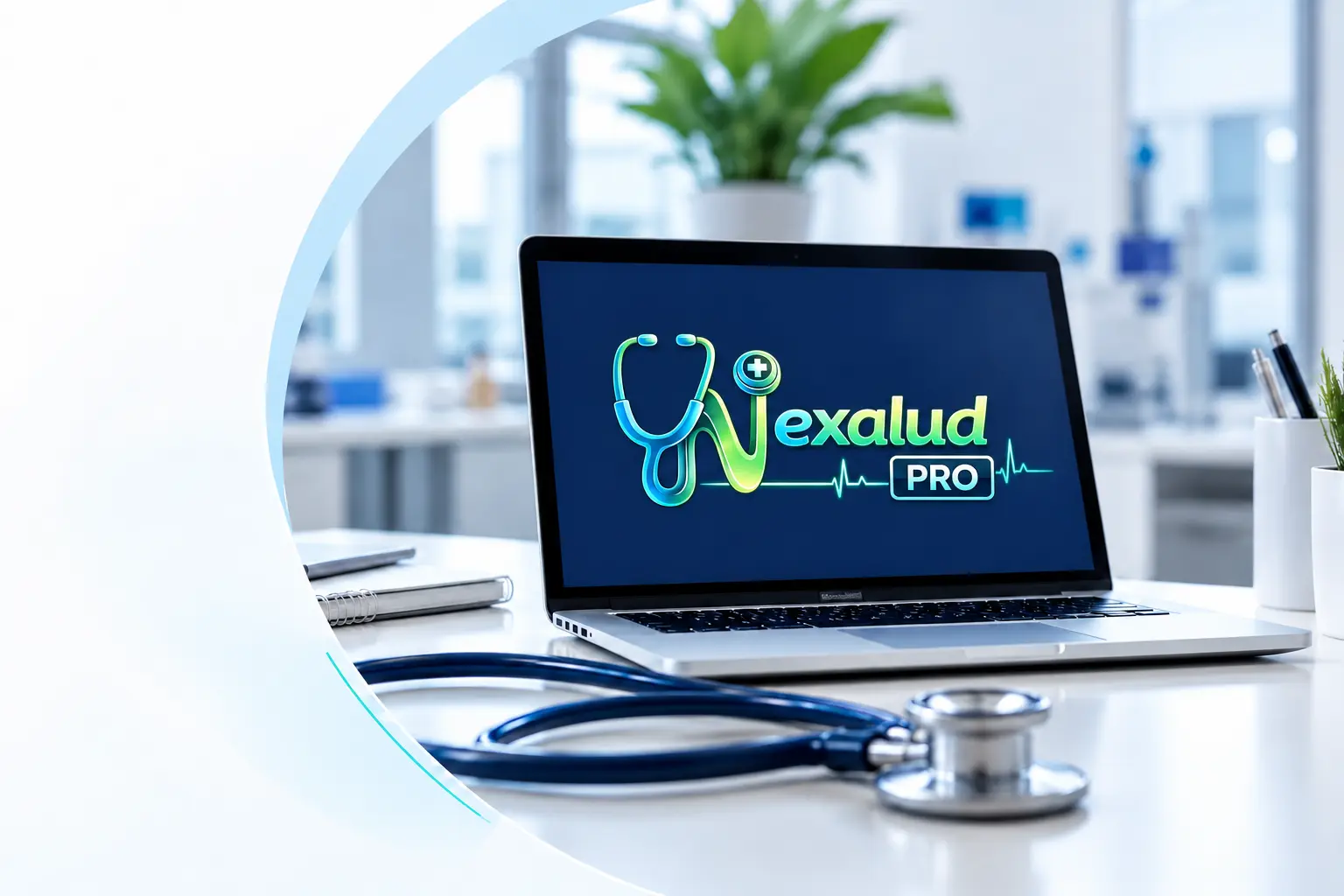 Computador portátil con el logo de Nexalud Pro junto a un estetoscopio