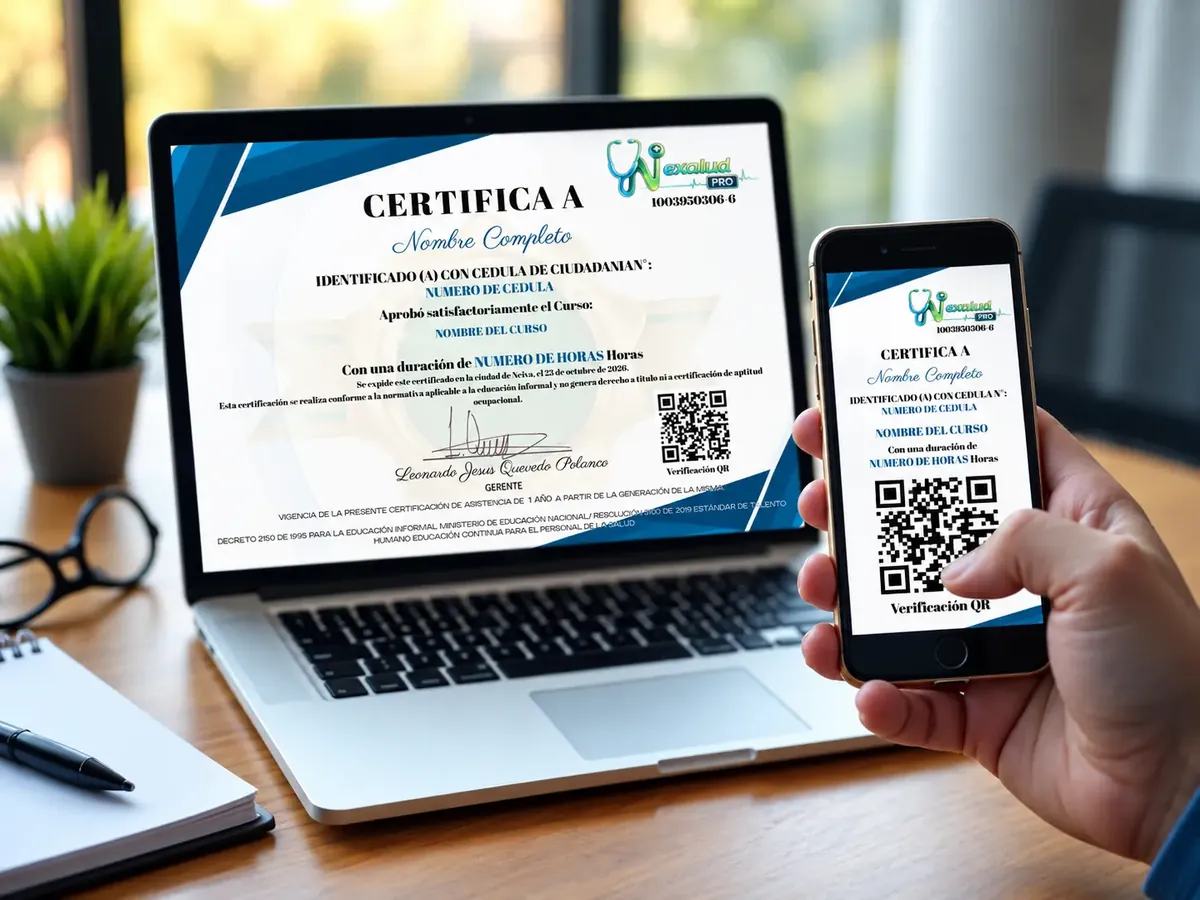 Certificado de Nexalud Pro con código QR en un portátil y en un celular